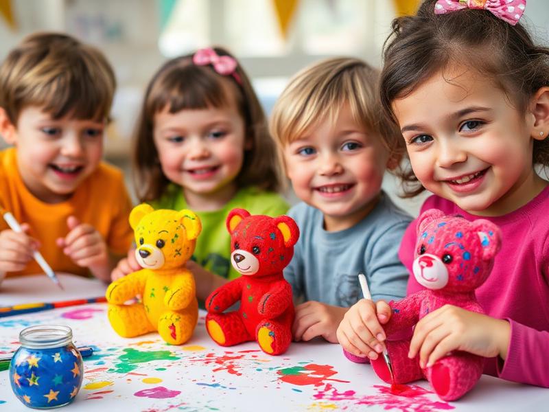 Enfants créant leurs ours en peinture fluide lors d'un atelier Teddy Paint